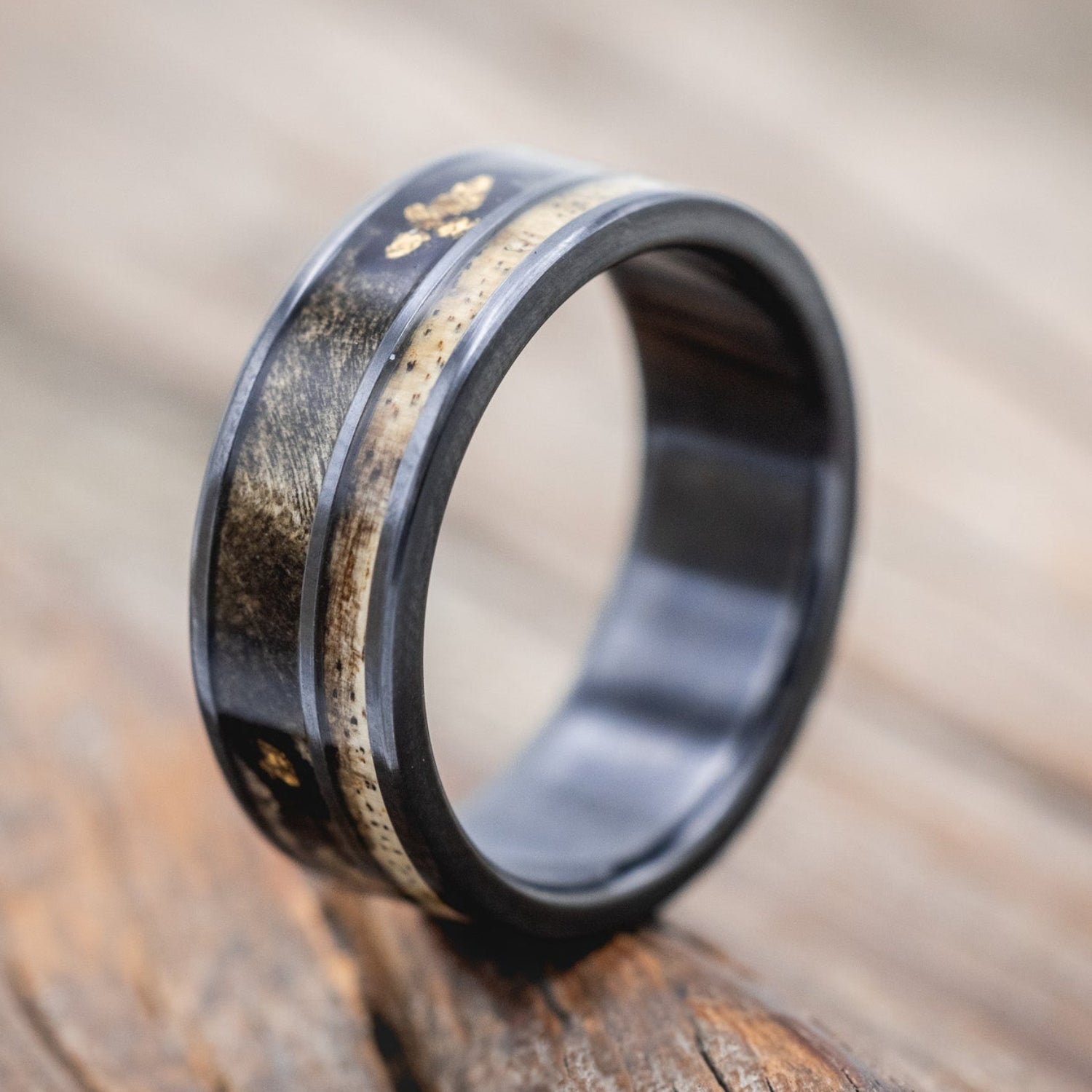 "RAPTOR" - ALASKAN PANNED GOLD NUGGETS SET IN BUCKEYE BURL & SPALTED MAPLE WOOD WEDDING RING-Staghead Designs