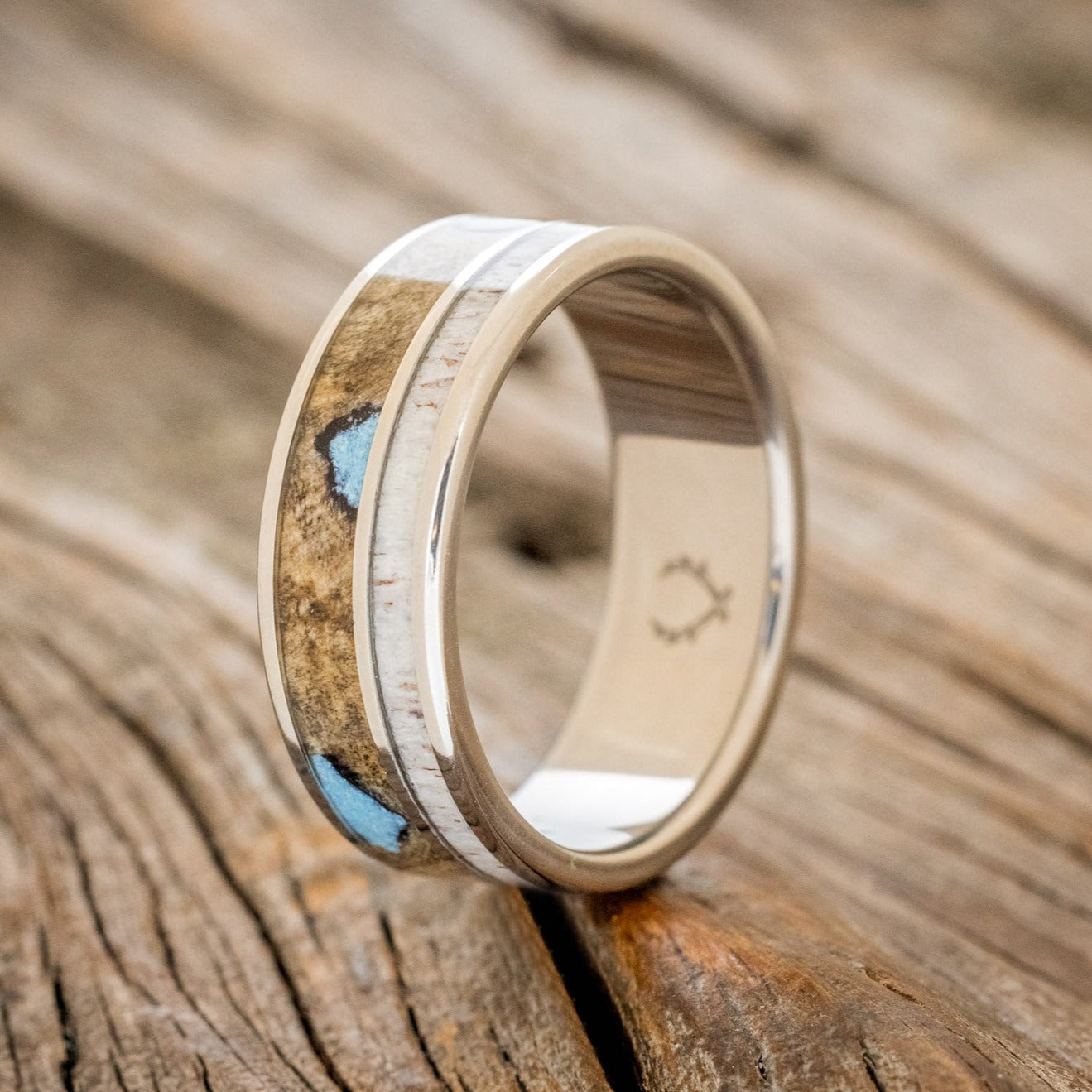 "RAPTOR" - ANTLER, BUCKEYE BURL & TURQUOISE WEDDING BAND - READY TO SHIP-1
