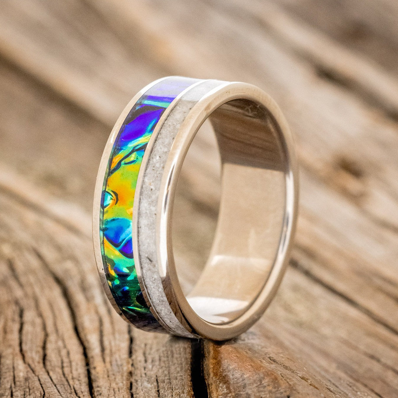 "RAPTOR" - BLACK SEA DICHROLAM & WHITE SAND INLAY WEDDING BAND-1