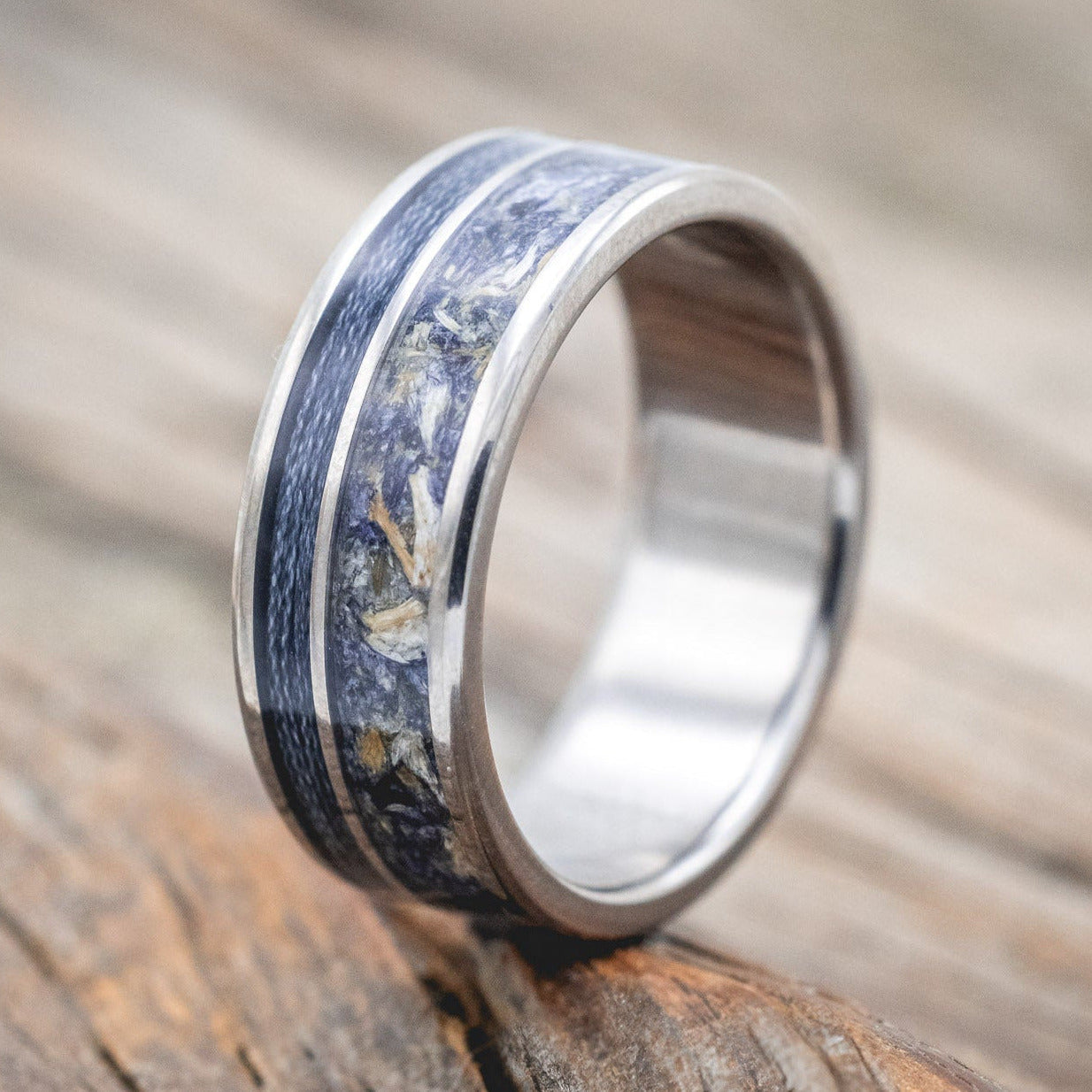"RAPTOR" - BLUEBELL PETALS & GREY FISHING LINE INLAY WEDDING RING-Staghead Designs