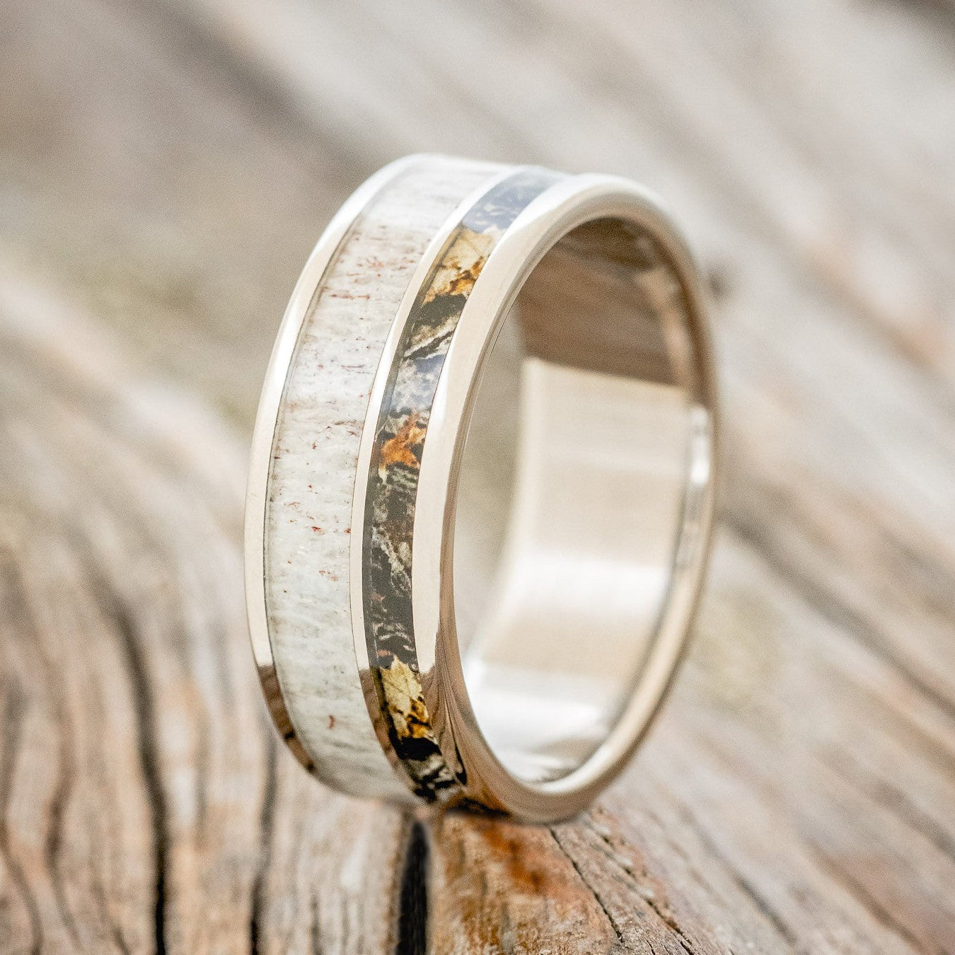 "RAPTOR" - CAMO & ELK ANTLER INLAY WEDDING BAND-1
