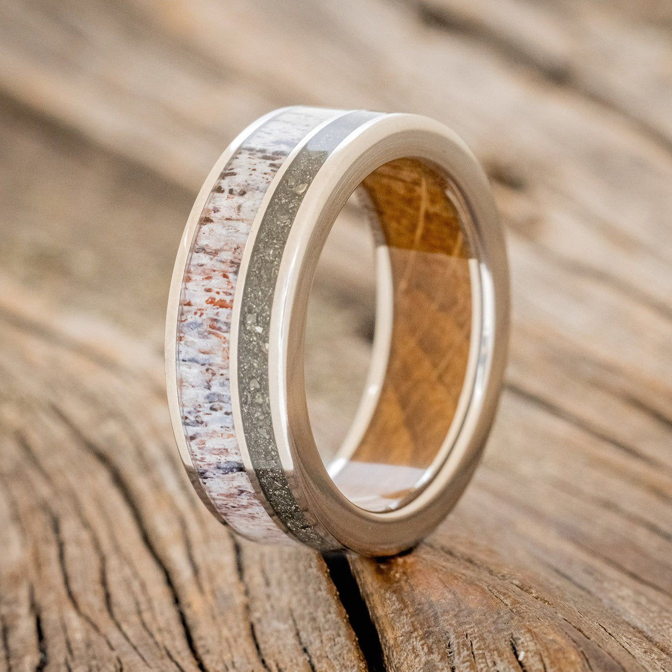 "RAPTOR" - ELK ANTLER & PYRITE WEDDING BAND WITH A WHISKEY BARREL OAK LINING-1