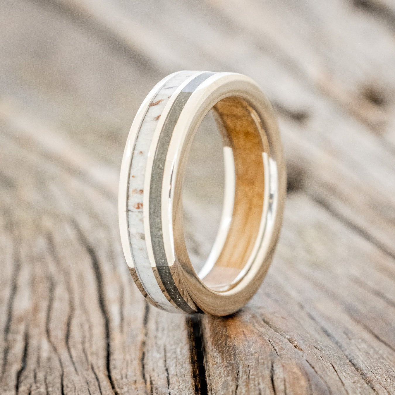 "RAPTOR" - ELK ANTLER & PYRITE WEDDING BAND WITH A WHISKEY BARREL OAK LINING-1