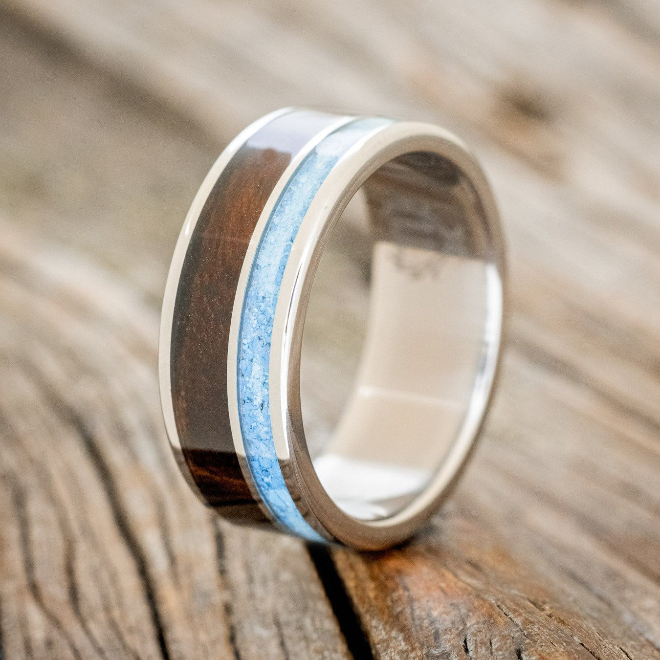 "RAPTOR" - HAND CRUSHED TURQUOISE & IRONWOOD WEDDING BAND-1