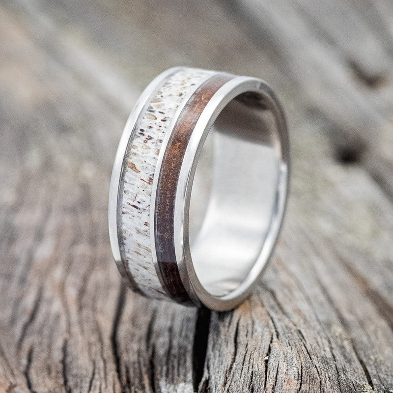 "RAPTOR" - IRONWOOD & ANTLER WEDDING BAND - TITANIUM - SIZE 13-Staghead Designs