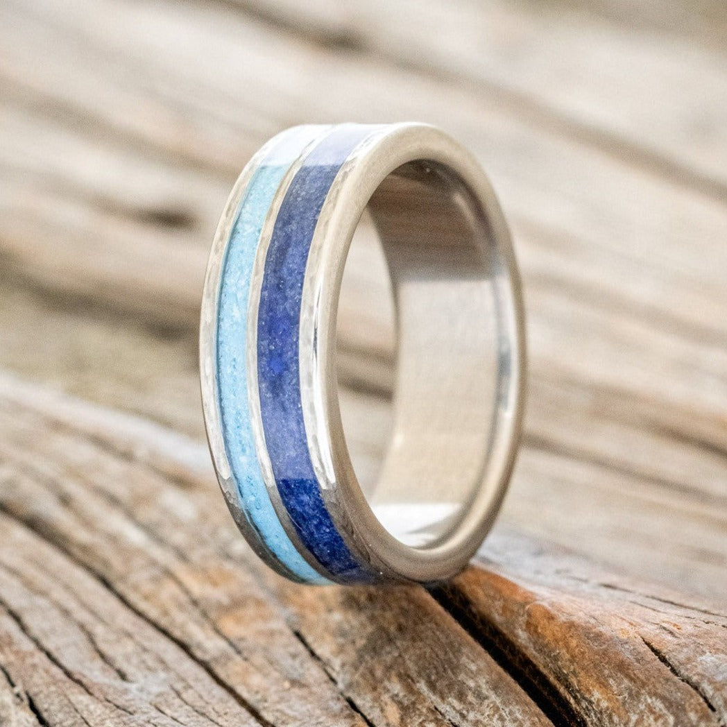 "RAPTOR" - LAPIS LAZULI & TURQUOISE WEDDING RING FEATURING A HAMMERED BAND-1