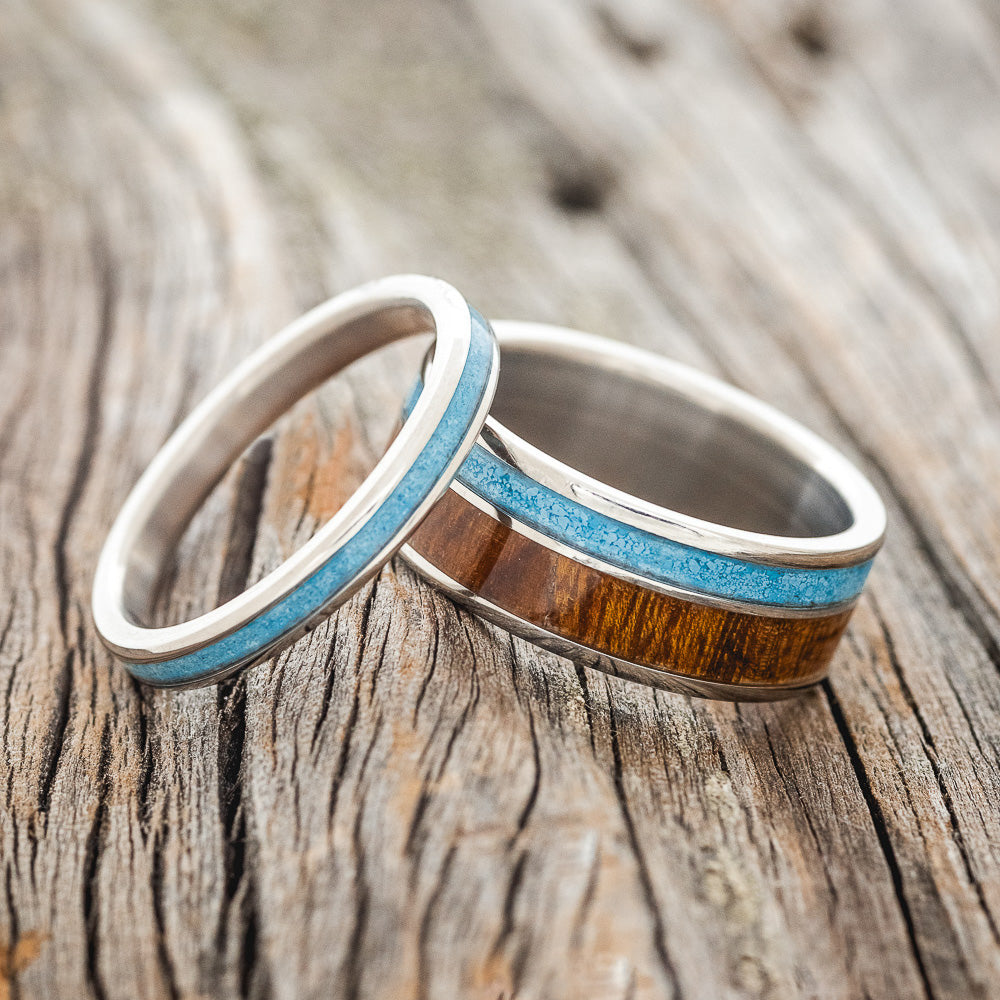 "RAPTOR" - MATCHING SET OF IRONWOOD & TURQUOISE WEDDING BANDS-1