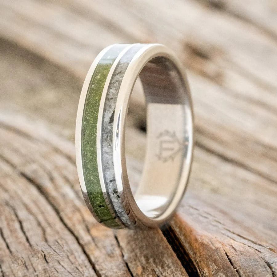 "RAPTOR" - MOSS WITH MOLDAVITE & MOONSTONE MIX WEDDING BAND - TITANIUM (6MM) - SIZE 6 1/2-Staghead Designs