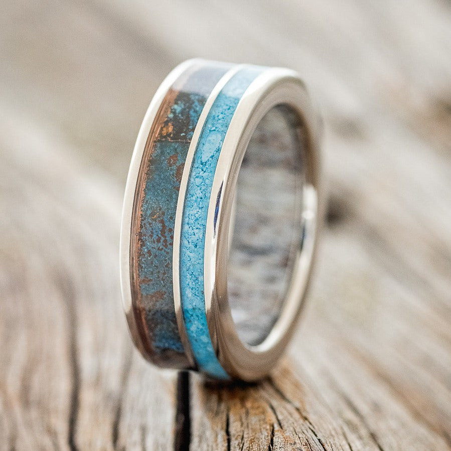 "RAPTOR" - PATINA COPPER & TURQUOISE WEDDING RING FEATURING AN ANTLER LINED BAND-1