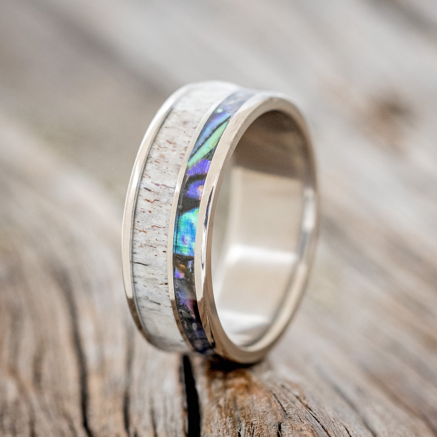 "RAPTOR" - PAUA SHELL & ANTLER WEDDING BAND - READY TO SHIP-1
