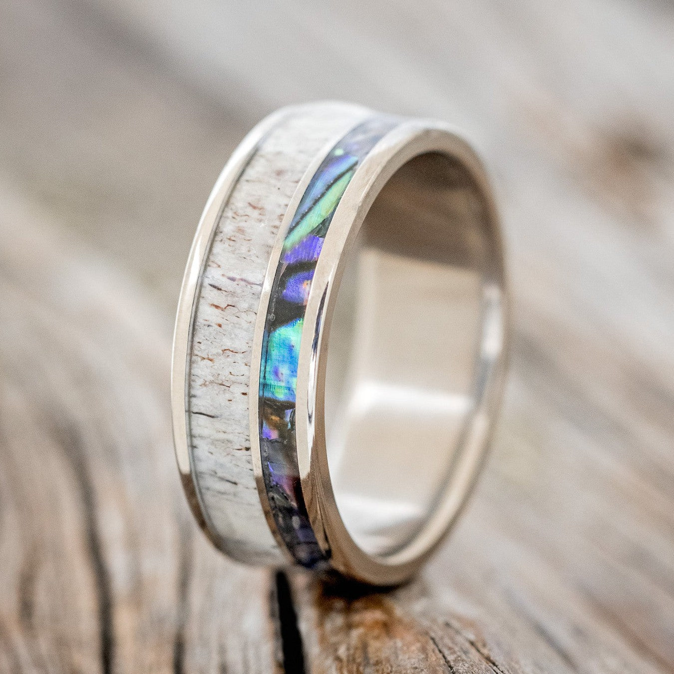 "RAPTOR" - PAUA SHELL & ANTLER WEDDING BAND-1