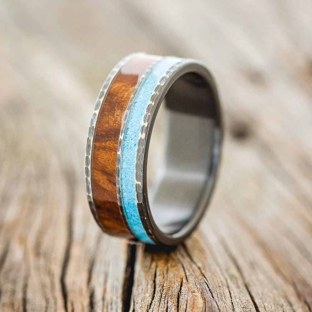 "RAPTOR" - REDWOOD & TURQUOISE WEDDING RING FEATURING A HAMMERED BAND - BLACK ZIRCONIUM - SIZE 11-1