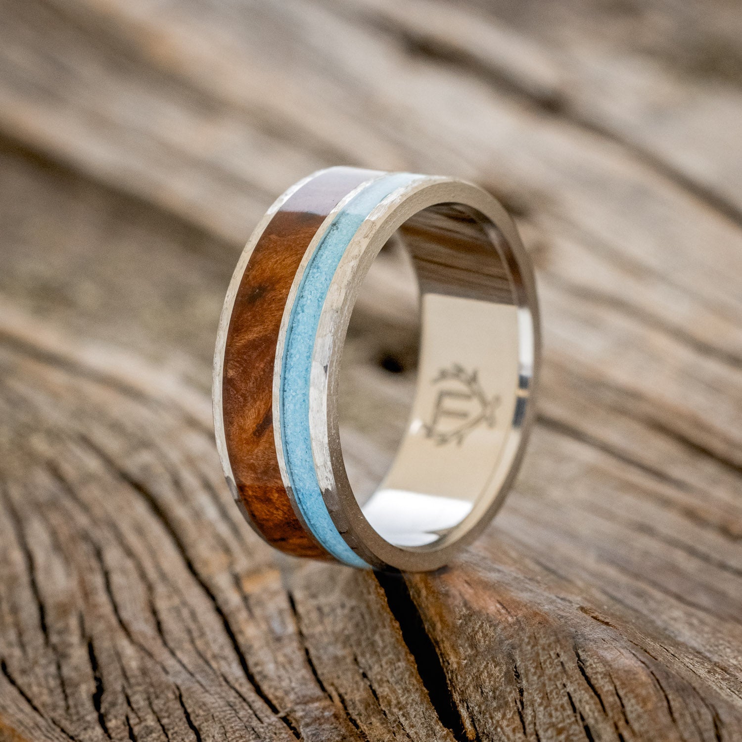 "RAPTOR" - REDWOOD & TURQUOISE WEDDING RING WITH A HAMMERED FINISH - READY TO SHIP-1