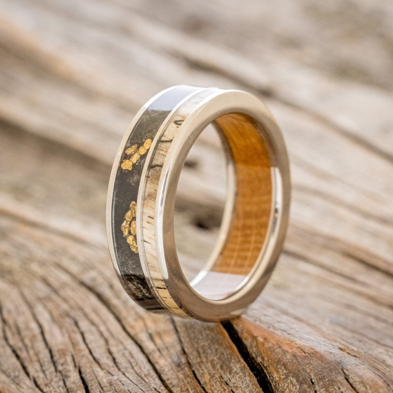 "RAPTOR" - WHISKEY BARREL LINED WEDDING RING WITH GOLD NUGGETS IN BUCKEYE BURL WOOD & A SPALTED MAPLE INLAY-1