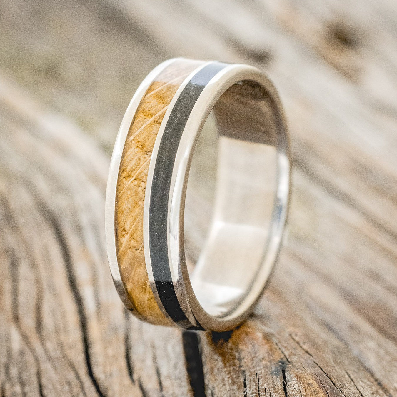 "RAPTOR" - WHISKEY BARREL OAK & CHARRED WHISKEY BARREL WEDDING BAND-1