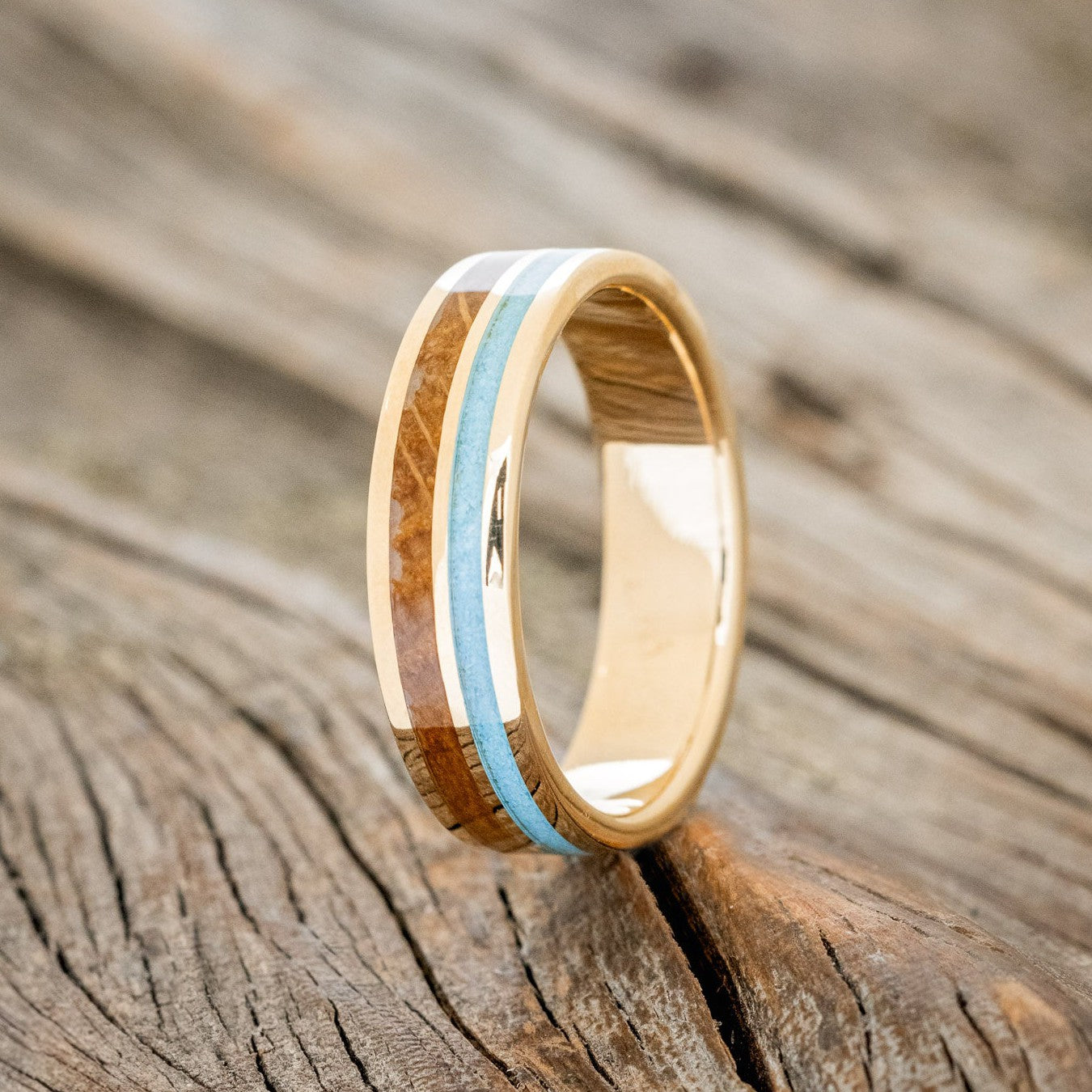 "RAPTOR" - WHISKEY BARREL OAK & TURQUOISE WEDDING BAND-1