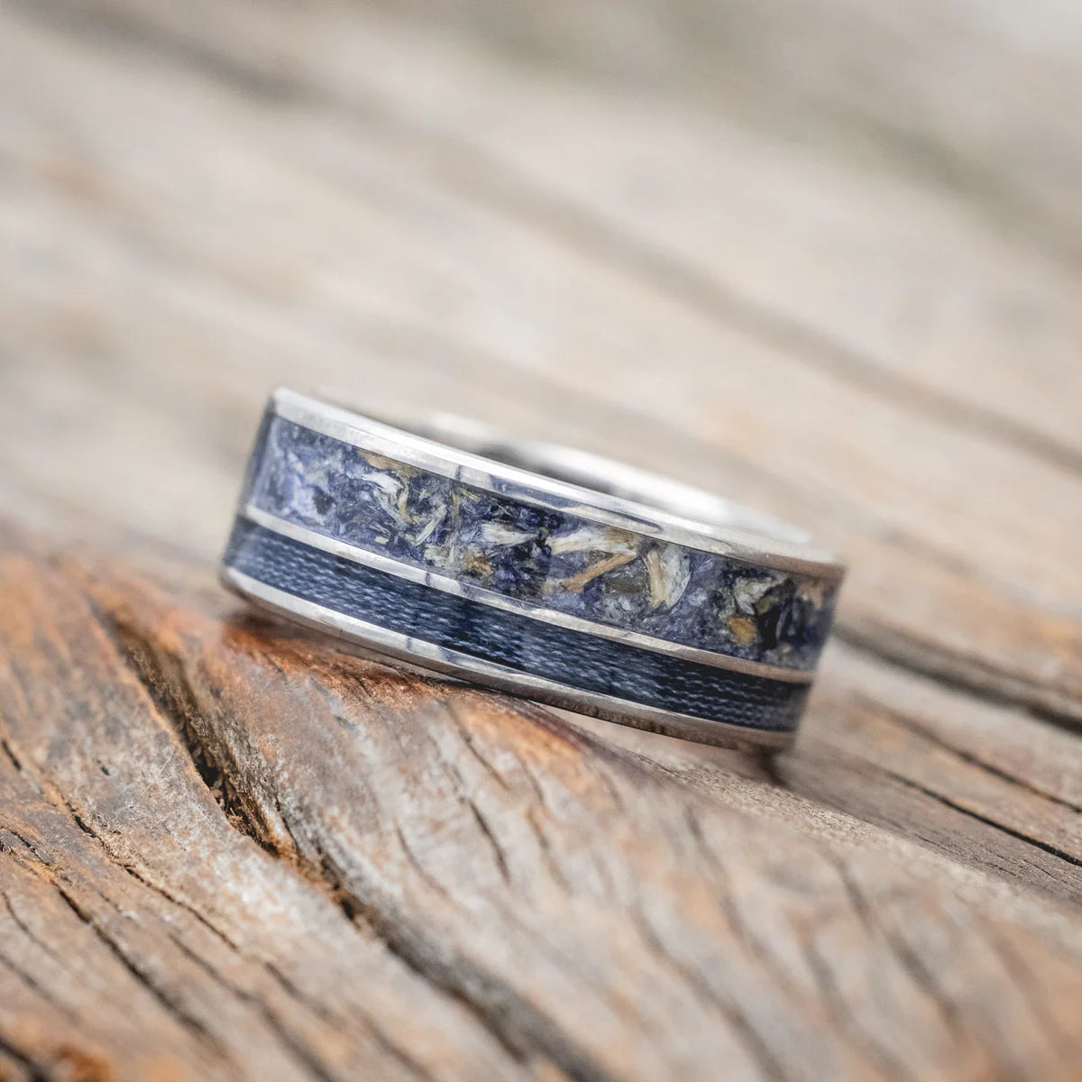 "RAPTOR" - BLUEBELL PETALS & GREY FISHING LINE INLAY WEDDING RING - TITANIUM - SIZE 9 1/2-Staghead Designs