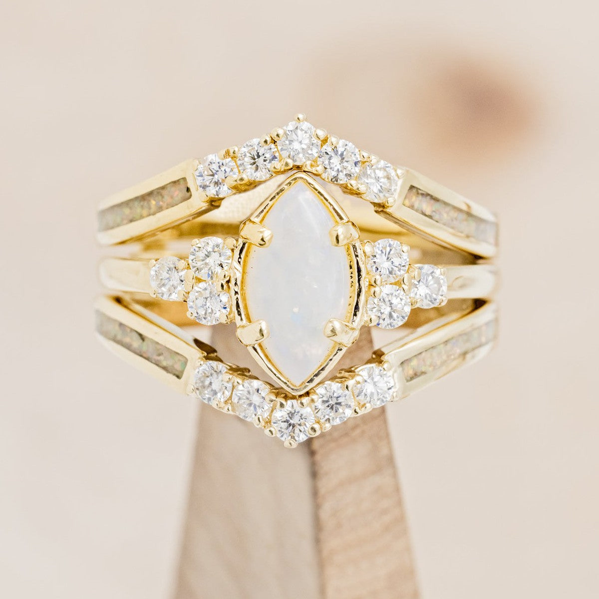 "RAYA" - MARQUISE OPAL ENGAGEMENT RING WITH DIAMOND ACCENTS & FIRE & ICE OPAL INLAY RING GUARD-1