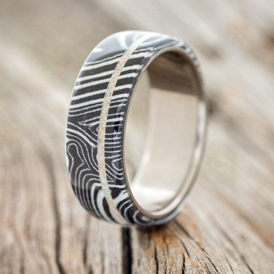 "REMMY" - BLACK & WHITE WAVE WEDDING BAND WITH FIRE AND ICE OPAL INLAY-1