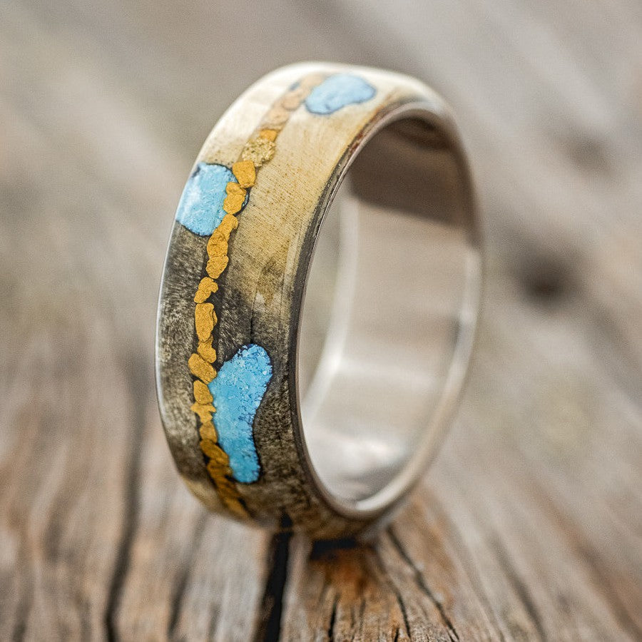 "REMMY" - BUCKEYE BURL WOOD, TURQUOISE & GOLD NUGGETS WEDDING BAND-1
