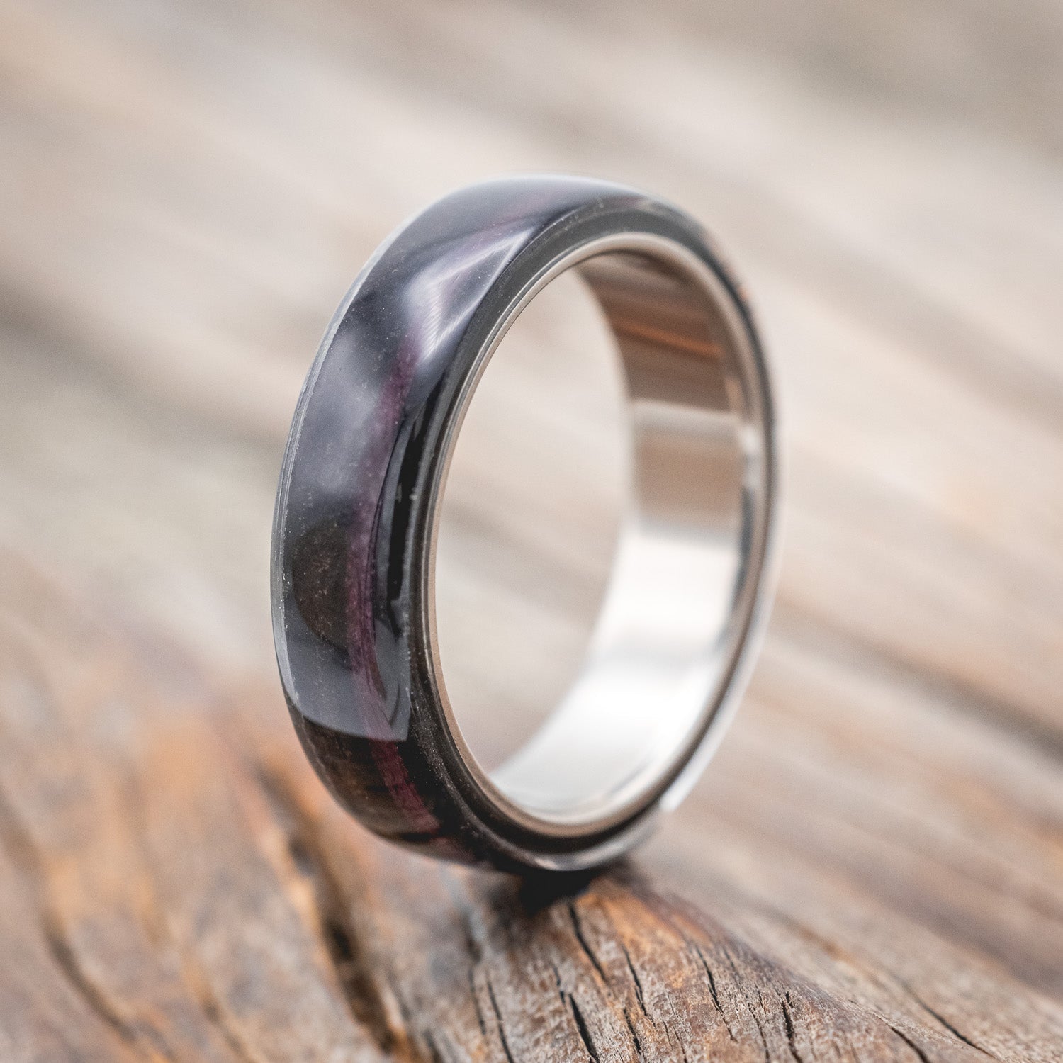 "REMMY" - EBONY WOOD WEDDING BAND WITH A PURPLE HEART WOOD INLAY-Staghead Designs
