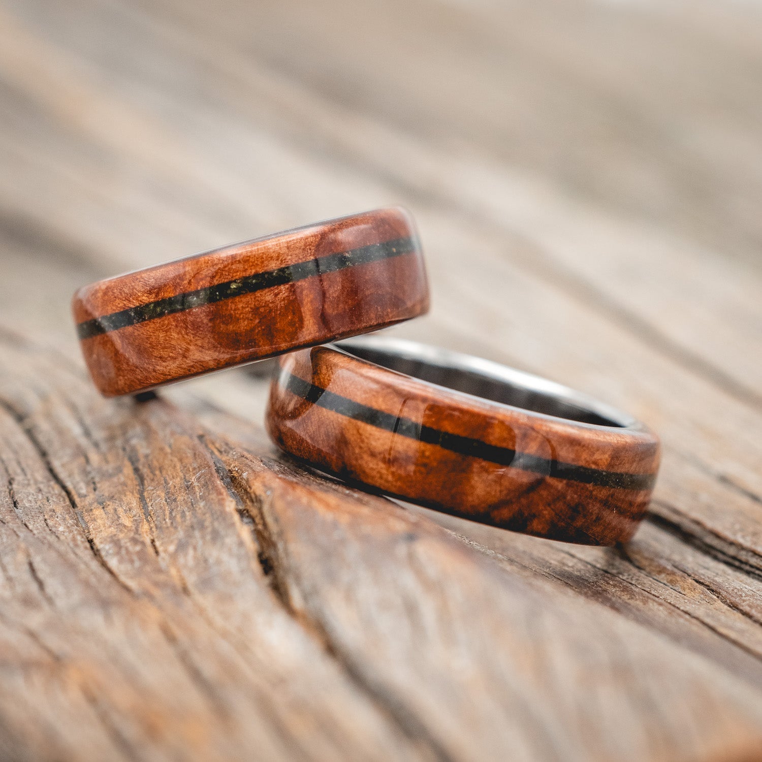"REMMY" - MATCHING SET OF REDWOOD & MOSS INLAY WEDDING BANDS-Staghead Designs