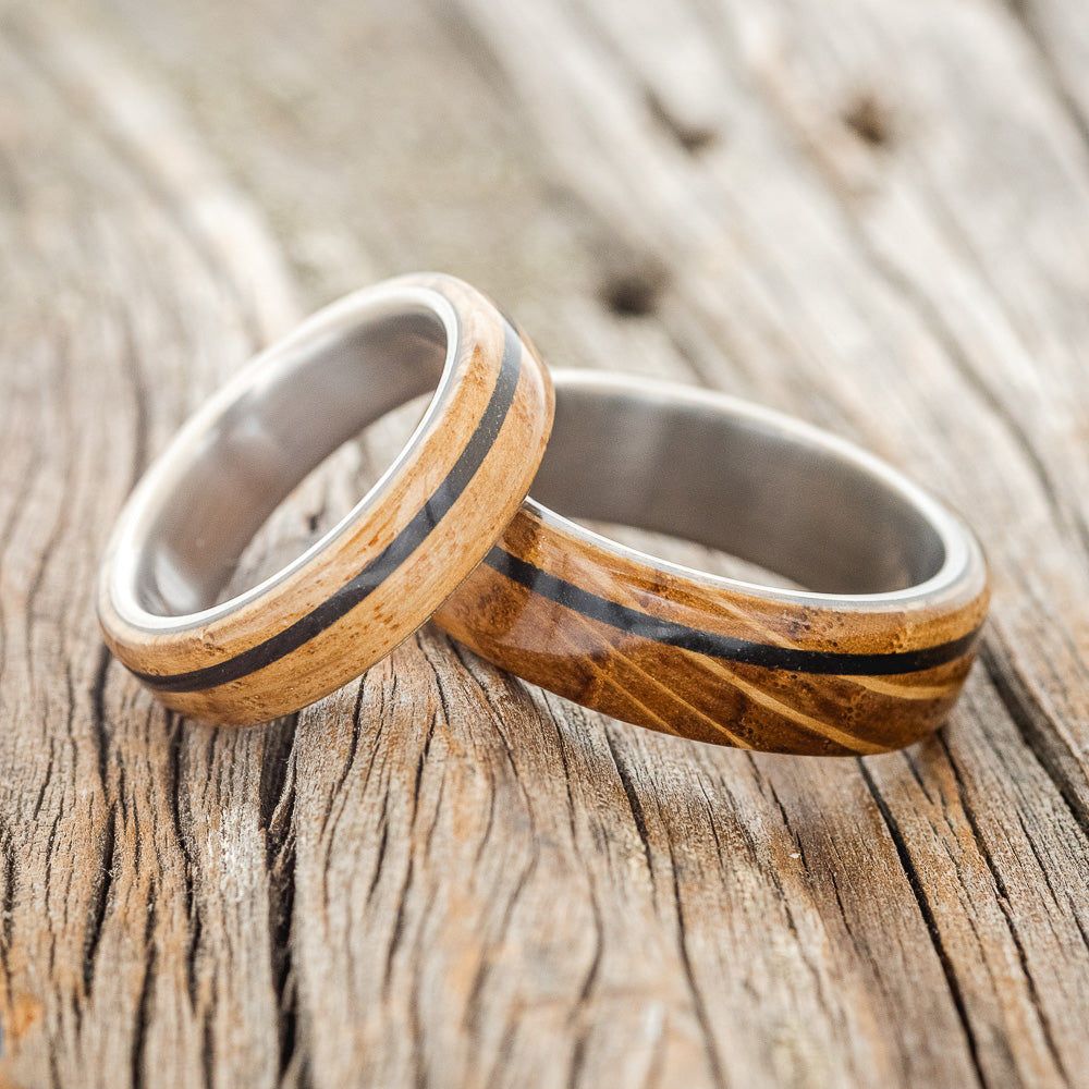 "REMMY" - MATCHING SET OF WHISKEY BARREL & CHARRED WHISKEY BARREL WEDDING BANDS-1