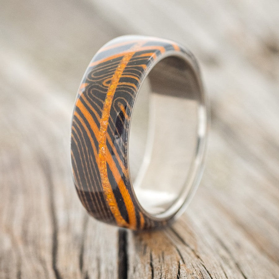 "REMMY" - ORANGE & BLACK WAVE WEDDING BAND WITH AN ORANGE OPAL INLAY-1