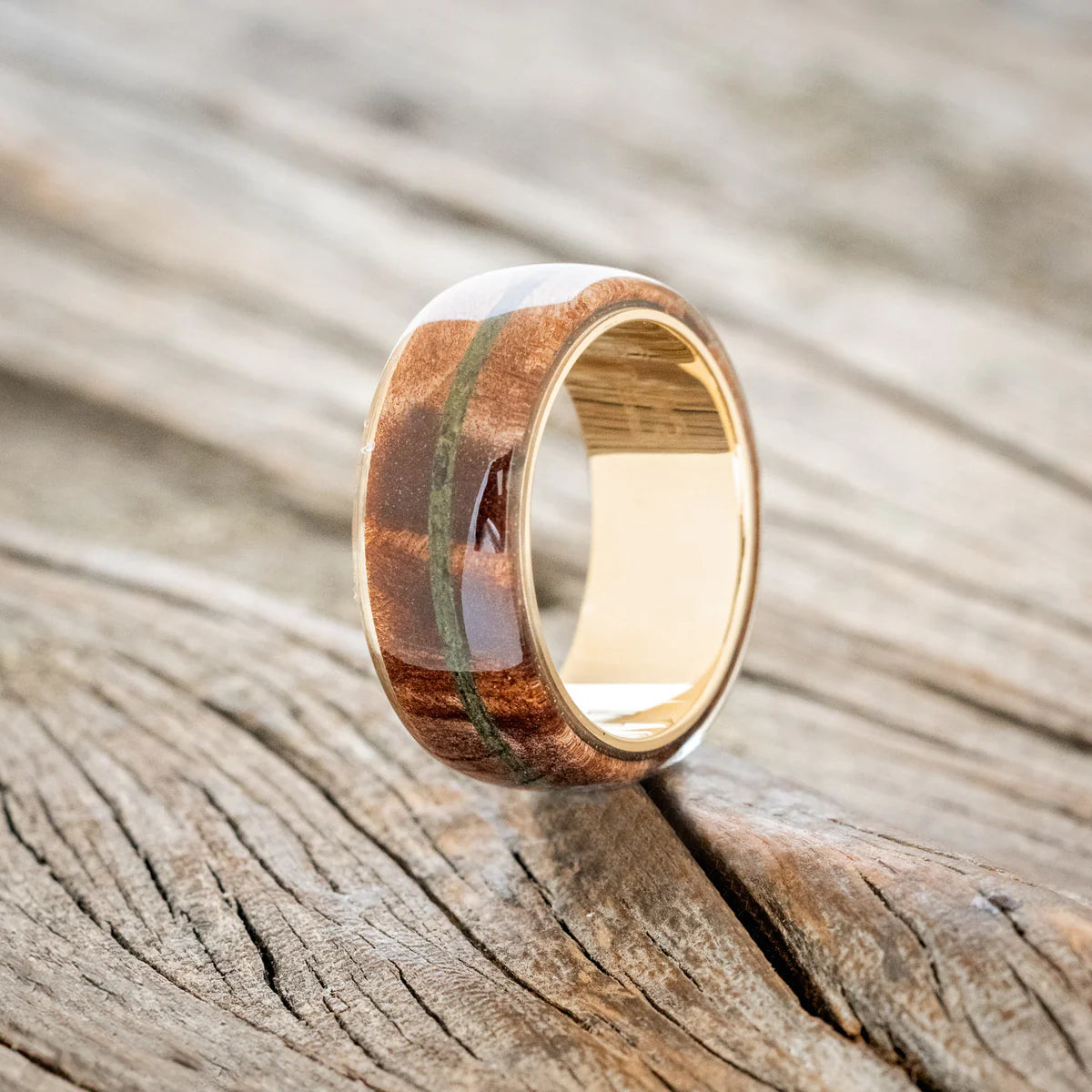 "REMMY" - REDWOOD & MOSS WEDDING RING - 14K YELLOW GOLD - SIZE 9-Staghead Designs
