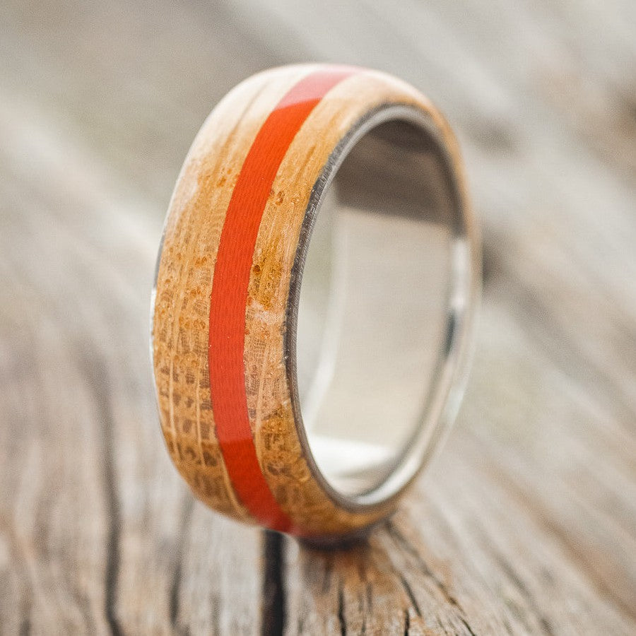 "REMMY" - WHISKEY BARREL OAK & RED G10 WEDDING BAND-1
