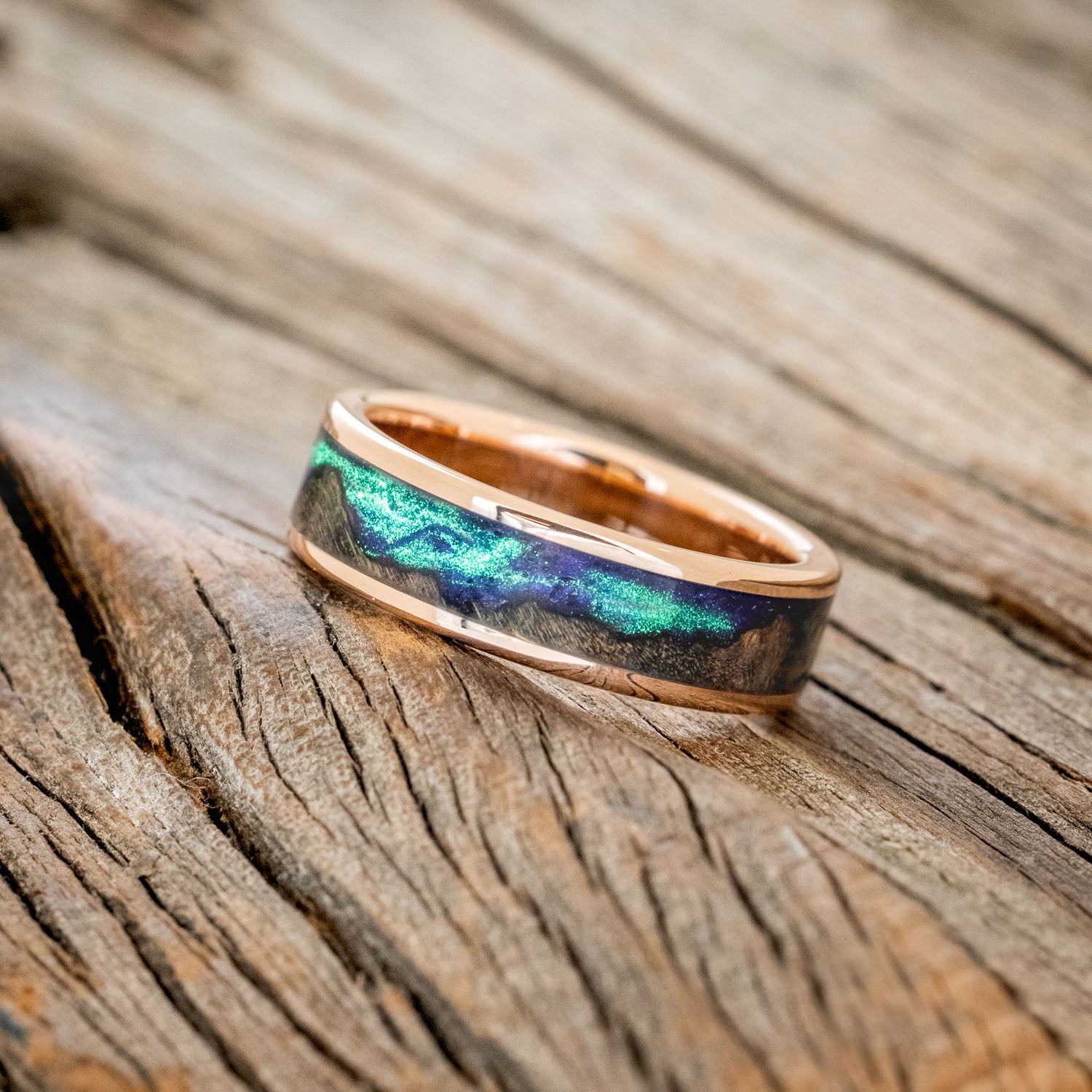 "BOREALIS" - MOUNTAIN ENGRAVED WEDDING RING WITH DARK MAPLE WOOD & GLOW IN THE DARK NORTHERN LIGHTS-8