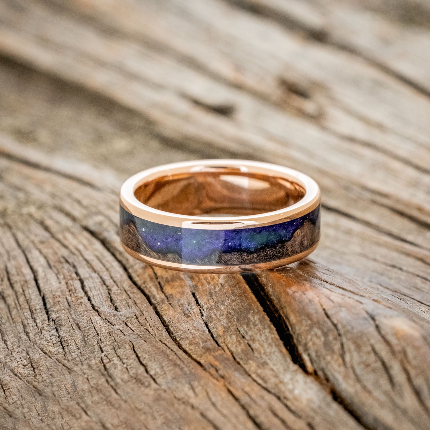 "BOREALIS" - MOUNTAIN ENGRAVED WEDDING RING WITH DARK MAPLE WOOD & GLOW IN THE DARK NORTHERN LIGHTS-6