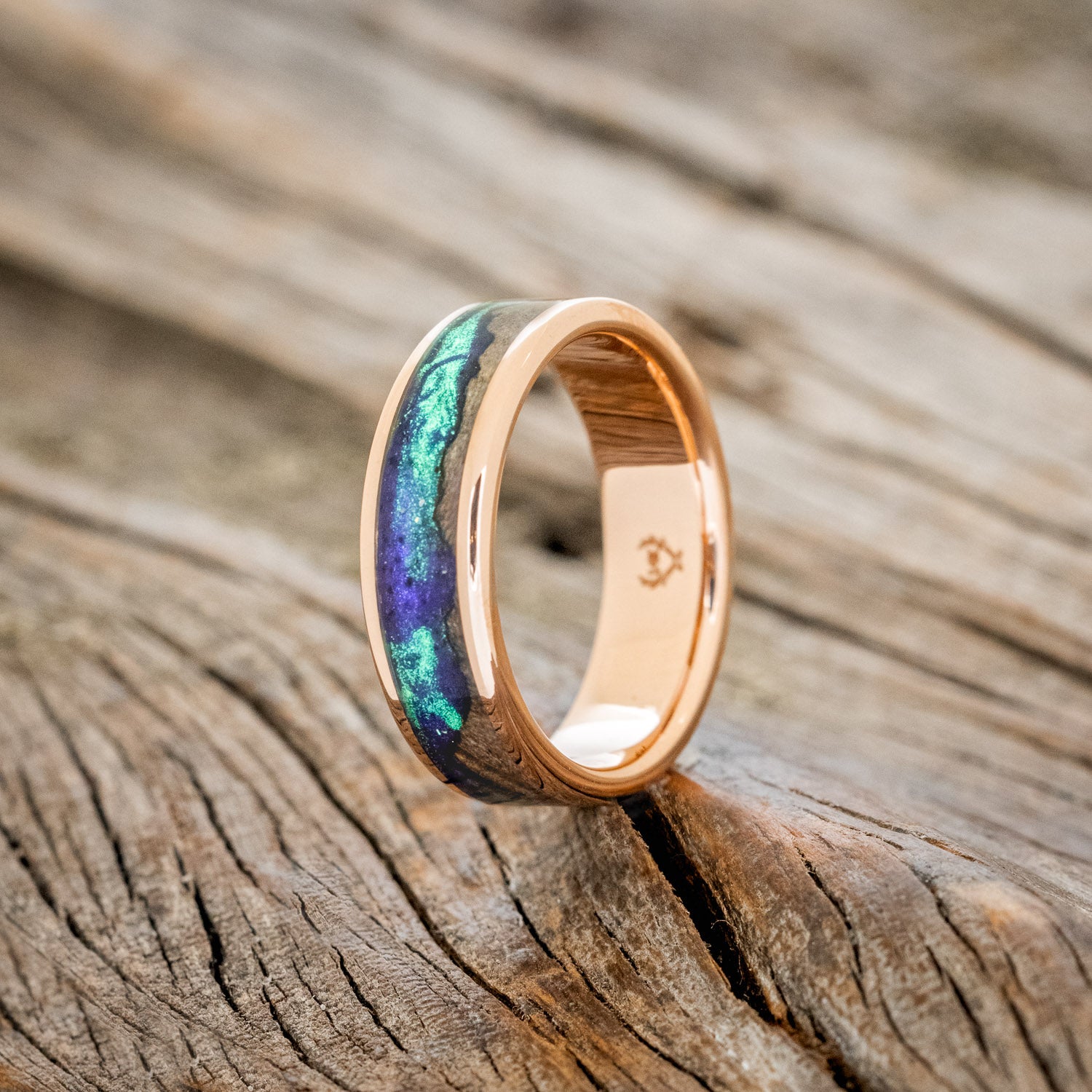 "BOREALIS" - MOUNTAIN ENGRAVED WEDDING RING WITH DARK MAPLE WOOD & GLOW IN THE DARK NORTHERN LIGHTS-7