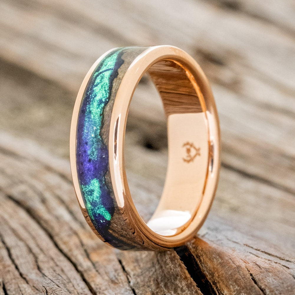 "BOREALIS" - MOUNTAIN ENGRAVED WEDDING RING WITH GLOW IN THE DARK NORTHERN LIGHTS-Staghead Designs