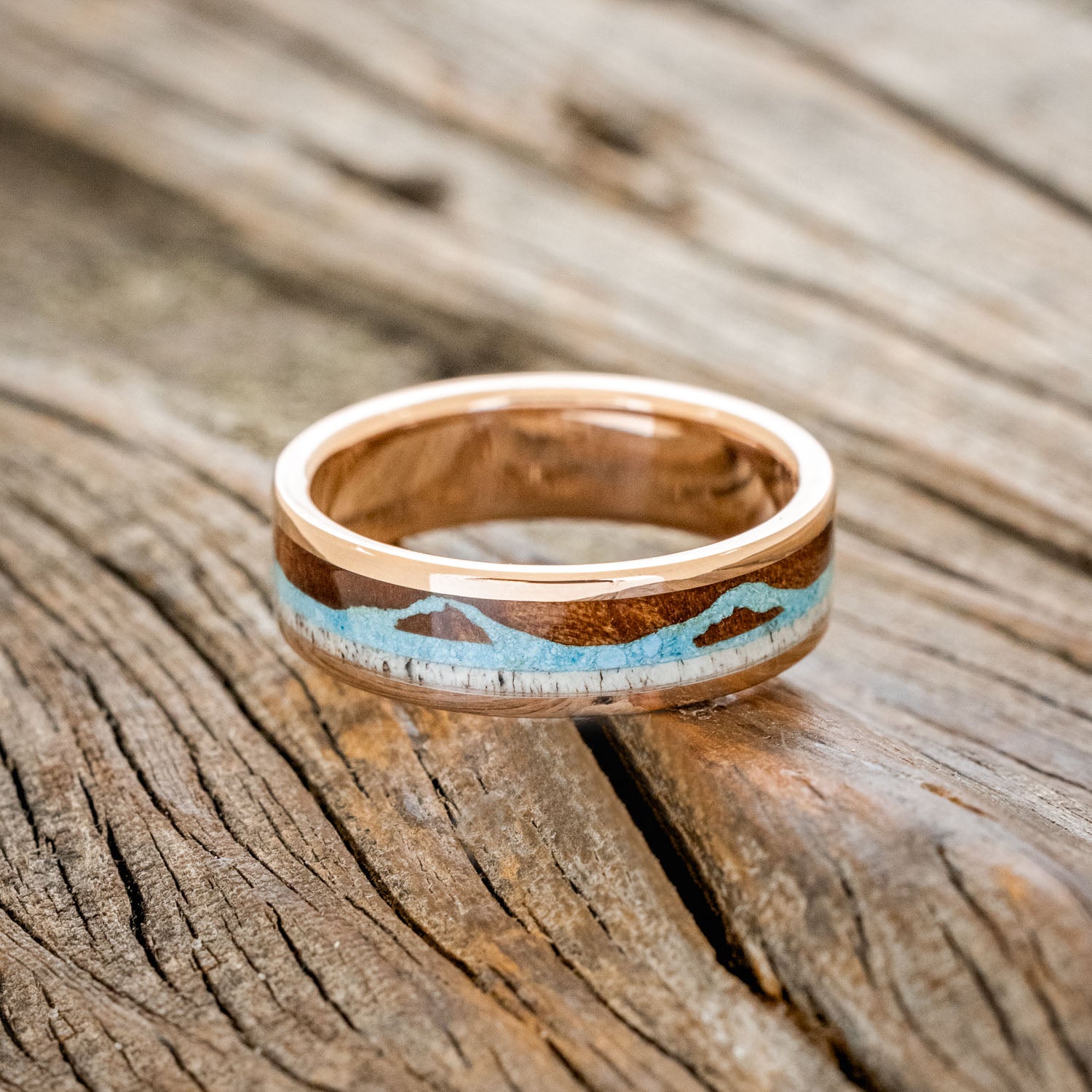 "THE EXPEDITION" - MOUNTAIN ENGRAVED WEDDING RING WITH REDWOOD, TURQUOISE & ANTLER-12