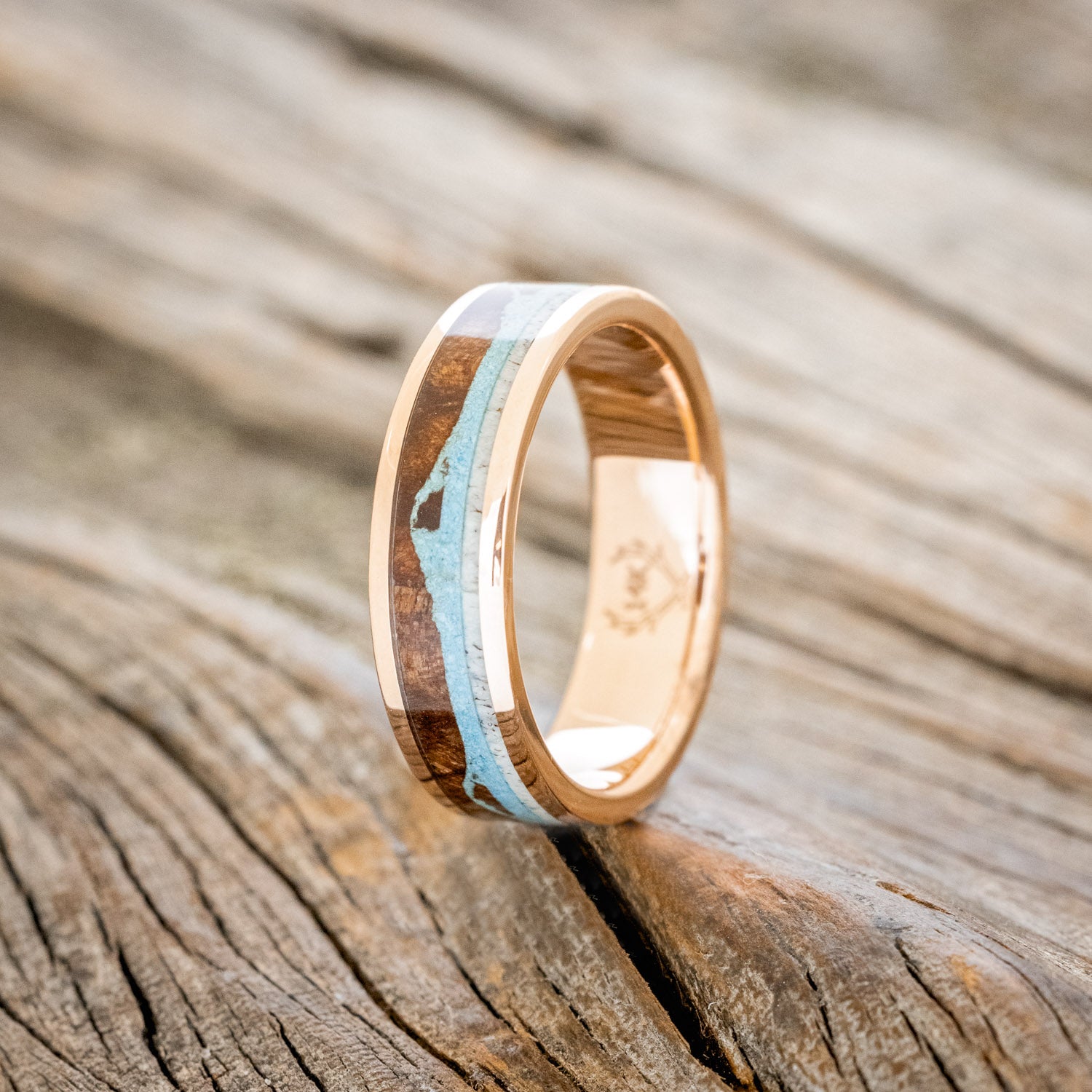"THE EXPEDITION" - MOUNTAIN ENGRAVED WEDDING RING WITH REDWOOD, TURQUOISE & ANTLER-10