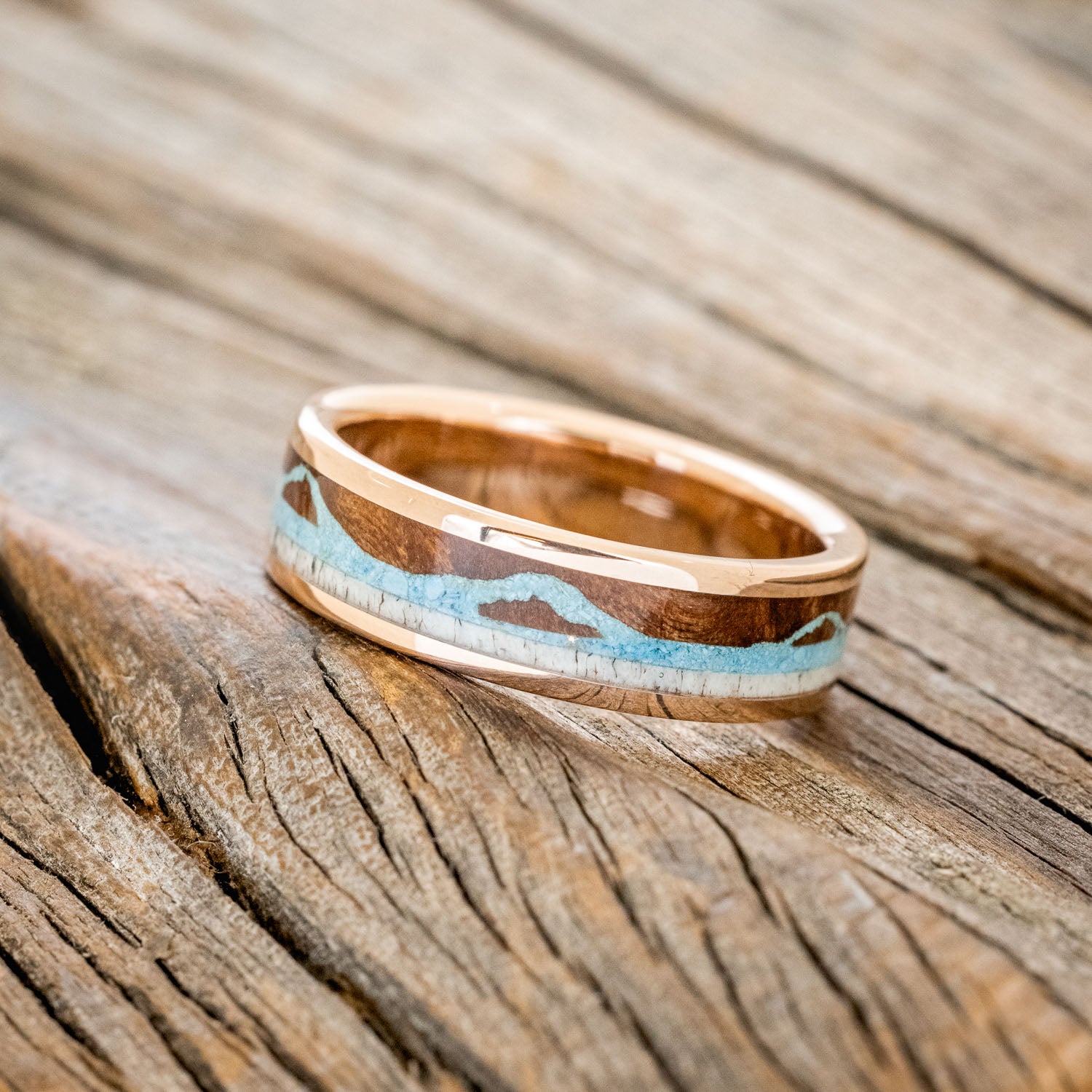 "THE EXPEDITION" - MOUNTAIN ENGRAVED WEDDING RING WITH REDWOOD, TURQUOISE & ANTLER-11