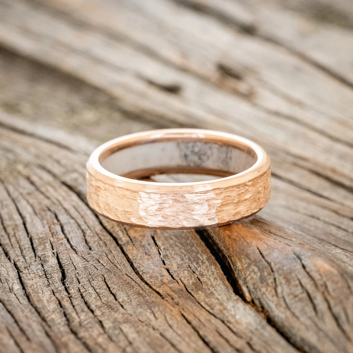 ANTLER LINED WEDDING RING FEATURING A HAMMERED 14K GOLD BAND - 14K ROSE GOLD - SIZE 9.5-Staghead Designs