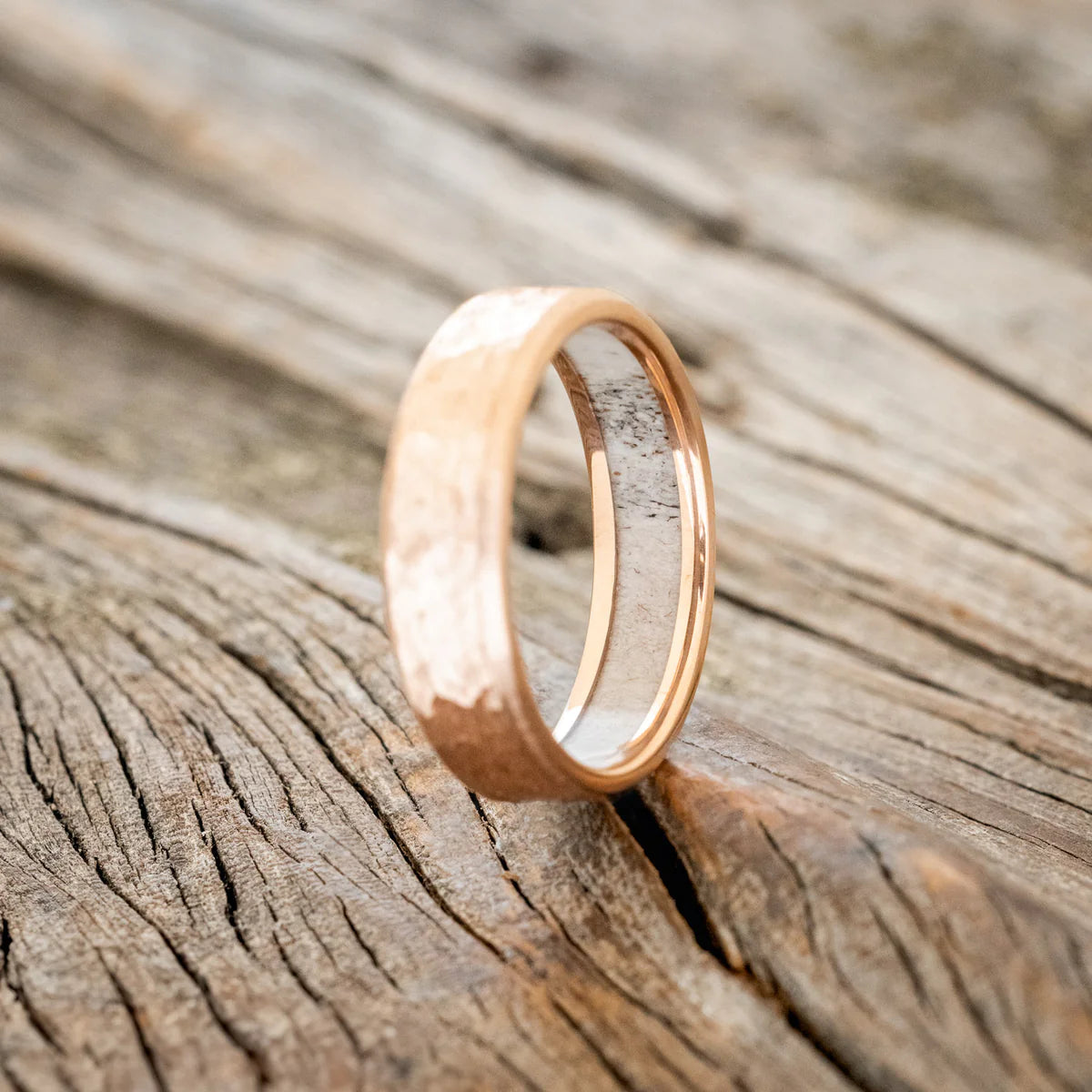 ANTLER LINED WEDDING RING FEATURING A HAMMERED 14K GOLD BAND - 14K ROSE GOLD - SIZE 9.5-Staghead Designs