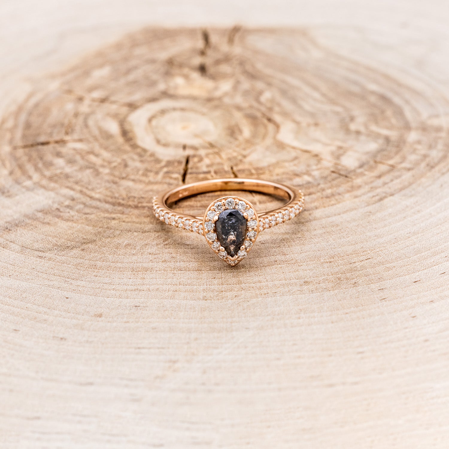 "AGNES" - PEAR-SHAPED SALT & PEPPER DIAMOND ENGAGEMENT RING WITH DIAMOND HALO & ACCENTS-4