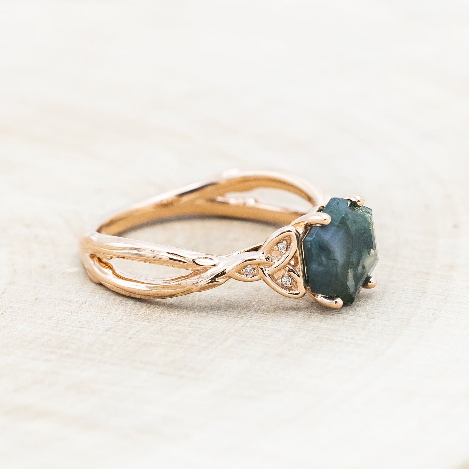 "AMARIS" - CELTIC KNOT ACCENTED HEXAGON CUT MOSS AGATE ENGAGEMENT RING WITH DIAMOND ACCENTS-Staghead Designs