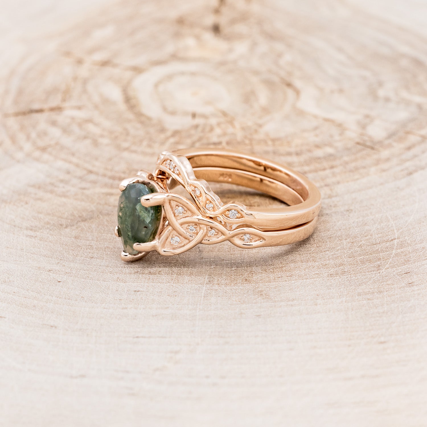 "AIFE" - CELTIC KNOT PEAR MOSS AGATE ENGAGEMENT RING AND TRACER-3
