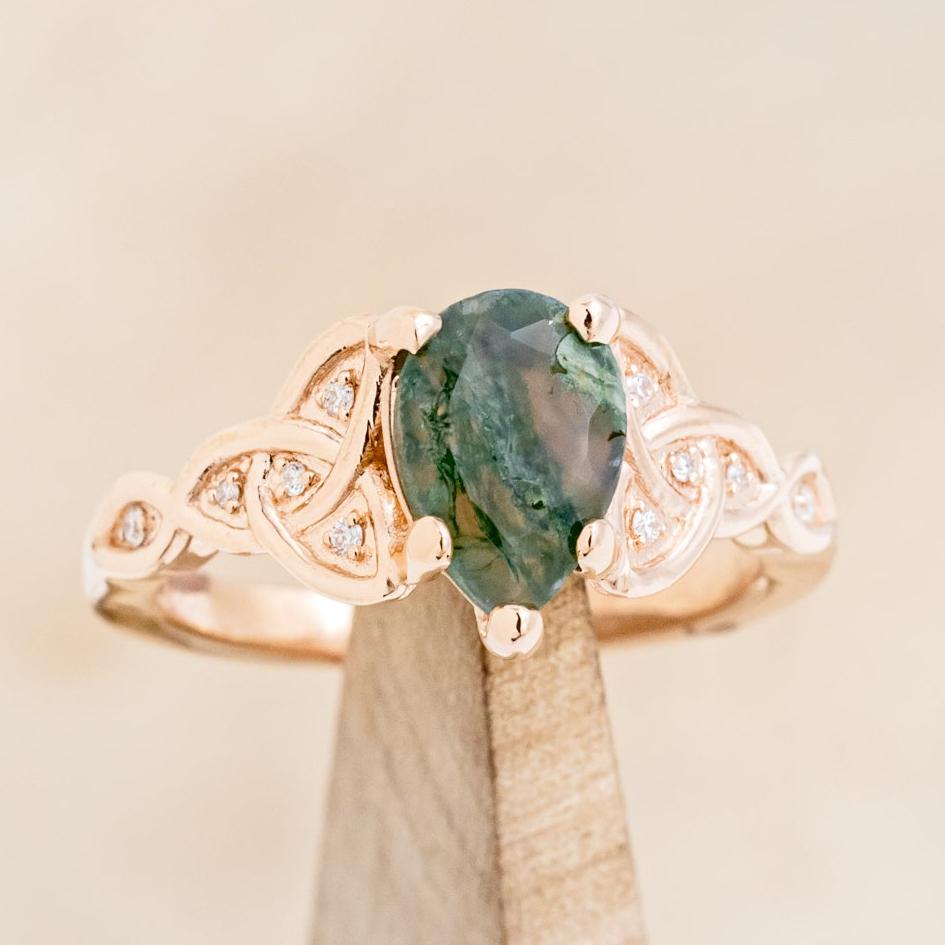 "AIFE" - CELTIC KNOT PEAR MOSS AGATE ENGAGEMENT RING AND TRACER-7