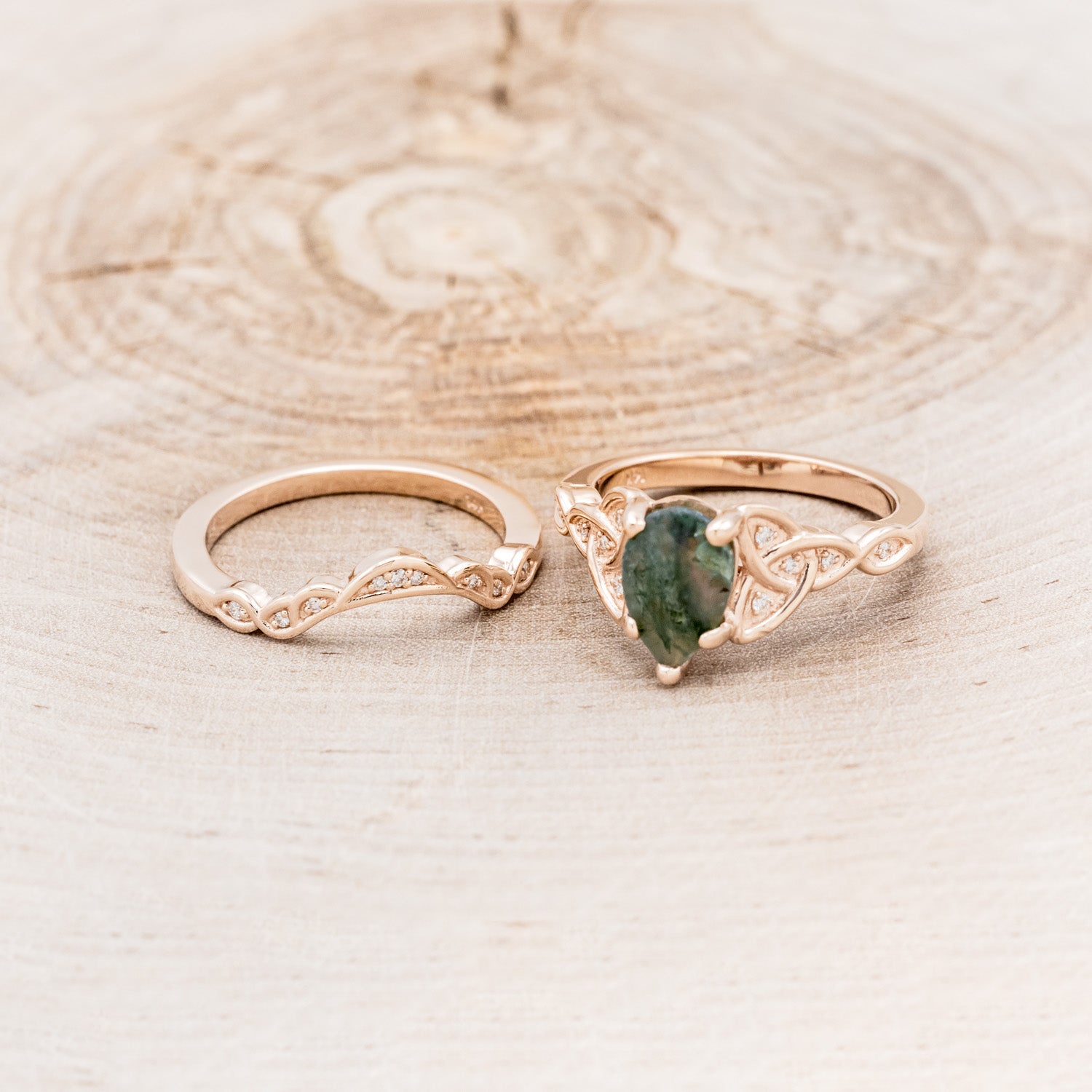 "AIFE" - CELTIC KNOT PEAR MOSS AGATE ENGAGEMENT RING AND TRACER-6
