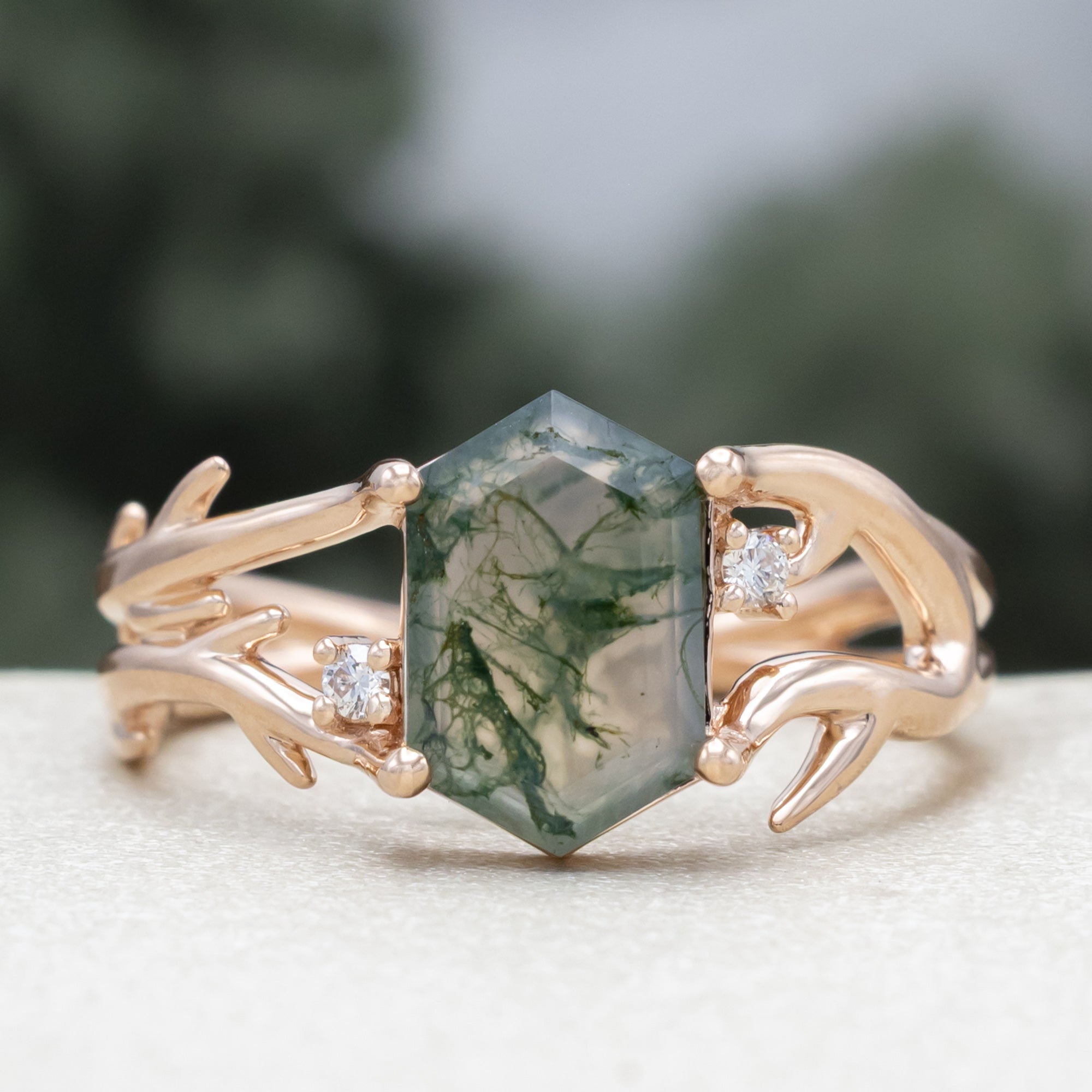 "Artemis" - Elongated Hexagon Cut Moss Agate Engagement Ring With A Choice Of Diamond Accents-Staghead Designs