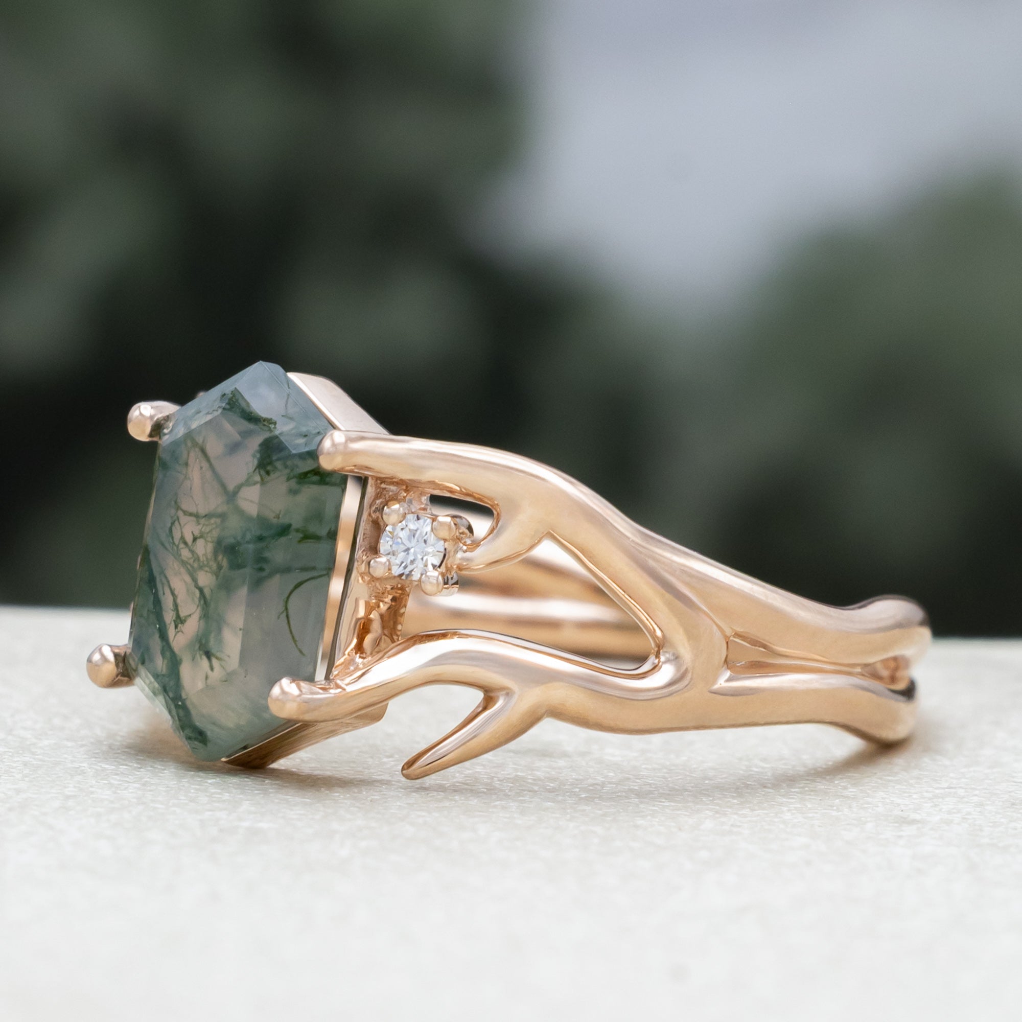 "Artemis" - Elongated Hexagon Cut Moss Agate Engagement Ring With A Choice Of Diamond Accents-Staghead Designs