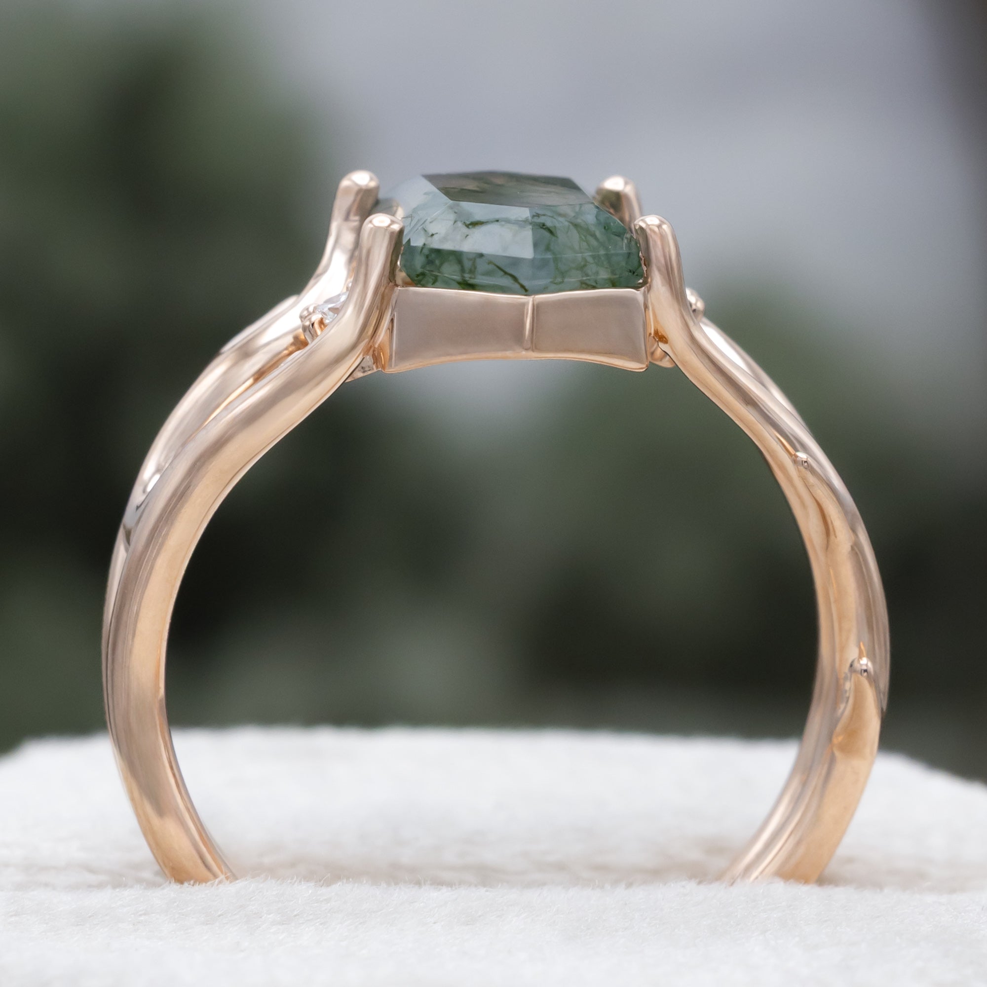 "Artemis" - Elongated Hexagon Cut Moss Agate Engagement Ring With A Choice Of Diamond Accents-Staghead Designs
