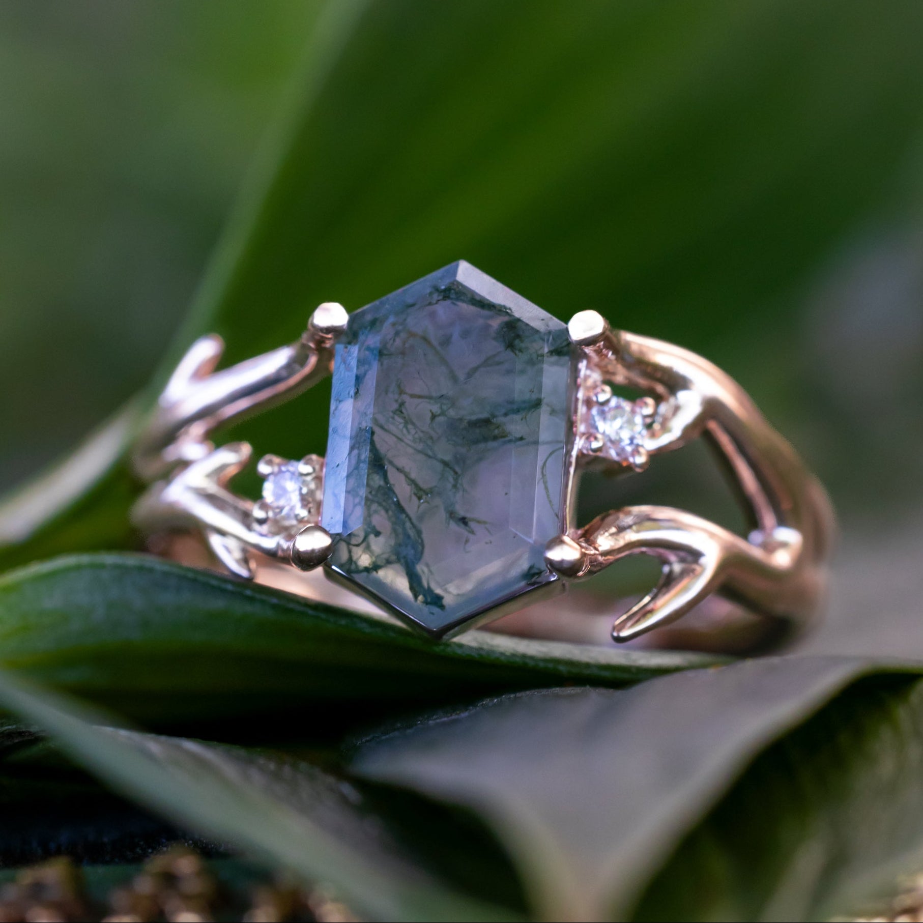 "Artemis" - Elongated Hexagon Cut Moss Agate Engagement Ring With A Choice Of Diamond Accents-Staghead Designs