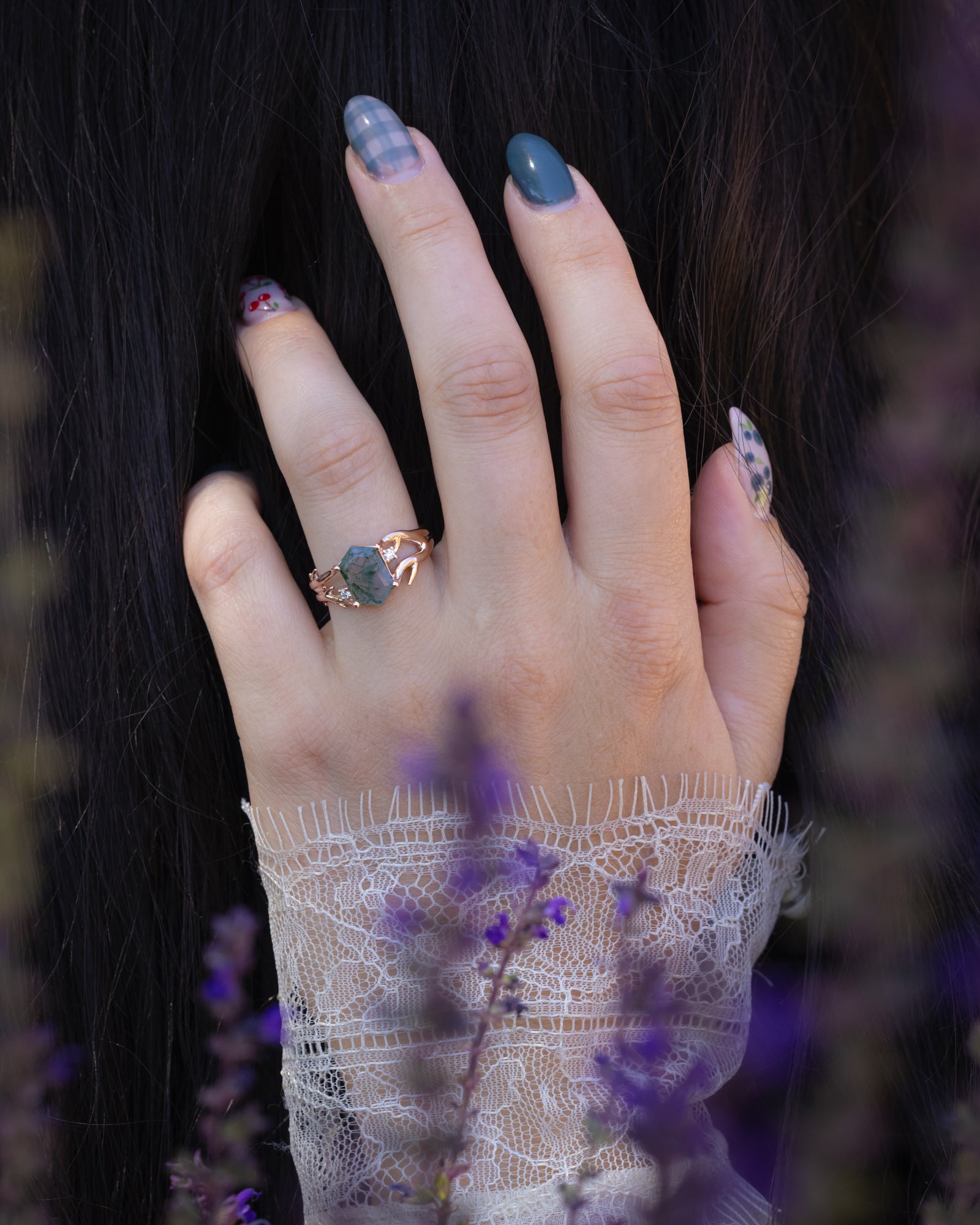 "Artemis" - Elongated Hexagon Cut Moss Agate Engagement Ring With A Choice Of Diamond Accents-Staghead Designs