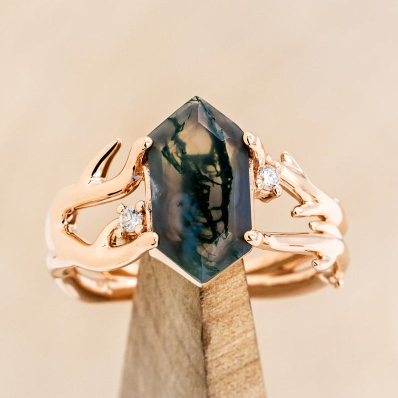 "ARTEMIS" - ELONGATED HEXAGON MOSS AGATE ENGAGEMENT RING WITH AN ANTLER STYLE BAND & DIAMOND ACCENTS-13